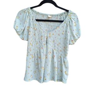 Mint Green Babydoll Floral Top Evolutionary Apparel Puff Sleeve V-Neck Size M